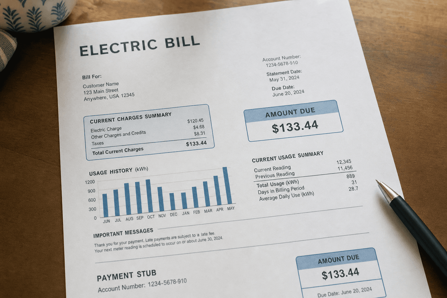 A close-up of a paper electric utility bill statement with an amount due, on a wooden kitchen table